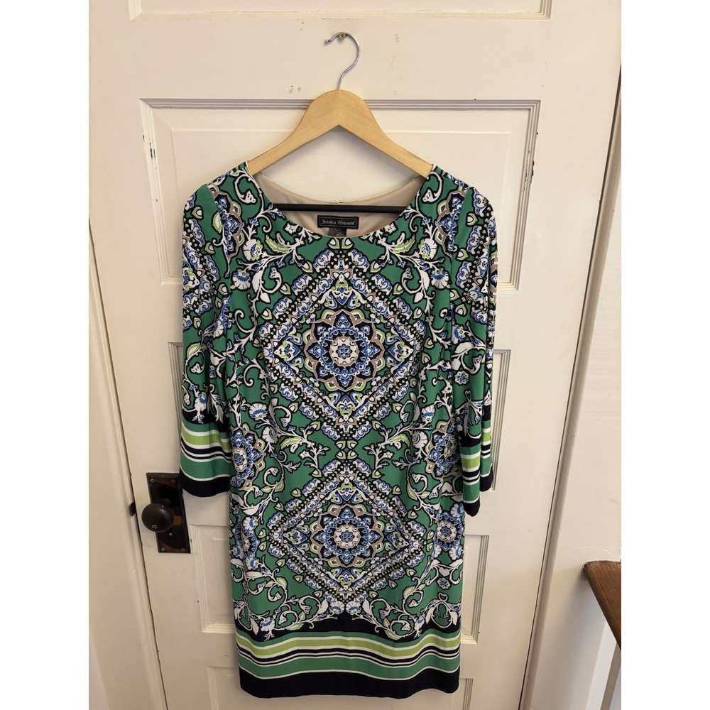 Jessica Howard Women's Green/Black/White Striped Medallion‎ A-line Dress Size 14